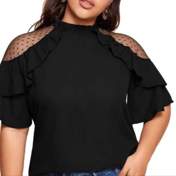 Dobby Mesh Dot Shoulder Ruffle Frill Trim Top Size 14 - Picture 1 of 12